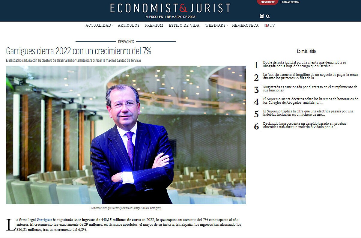 Garrigues cierra 2022 con un crecimiento del 7%
